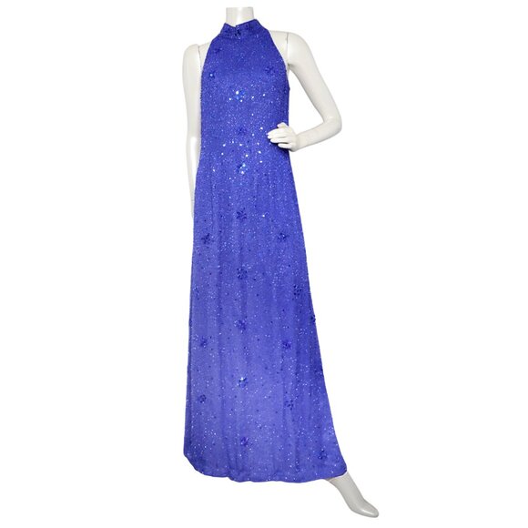 Avanti Silk Beaded Sequin Long Evening Gown Halter Formal Dress Royal Blue Party - Picture 2 of 16